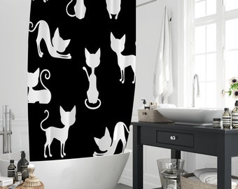 Black ＆ White Cute Cartoon Animal Cat Shower Curtain, Pet Kitten Position Silhouette Bathing Curtains Home Gift To Cat Lover With 12 Hooks