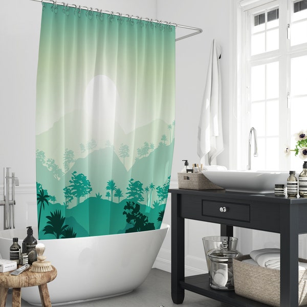 Sunlight Mountain Forests Landscape Shower Curtain, Nature Scenery Hills With Trees Waterproof Bathroom Divider Curtains Decors With 12Hooks