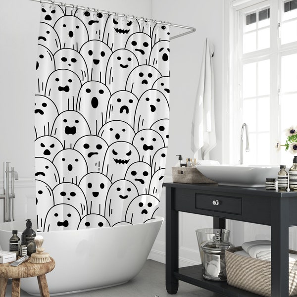 Funny Ghost Halloween Shower Curtain, Black ＆ White Cute Cartoon Ghosts Trick or Treat Holiday Bathroom Bathtub Decor Curtain With 12 Hooks