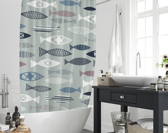 Rideau de douche dessiné à la main sur fond turquoise de poisson de mer, rideau de bain en tissu polyester imperméable à l'eau avec 12 crochets