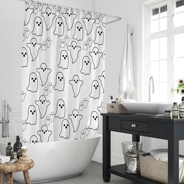 Black ＆ White Funny Cute Spooky Ghost Shower Curtain, Halloween Cartoon Fun Ghosts Bathroom Curtains Decors Accessories Gift With 12 Hooks