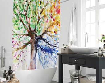 Tree of Life Shower Curtain, Colorful Tree Abstract Style Watercolor Hand Painting Bathroom Decor Curtain Polyester Fabric With 12 Hooks