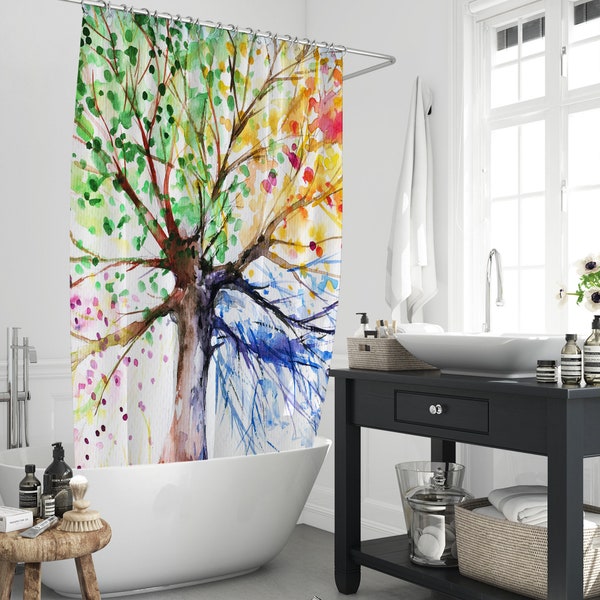 Tree of Life Shower Curtain, Colorful Tree Abstract Style Watercolor Hand Painting Bathroom Decor Curtain Polyester Fabric With 12 Hooks
