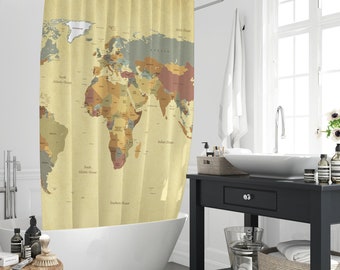 Duschvorhang mit Weltkarte, Vintage-Hintergrund, Globus, weltweite Karte, Übersicht, Geografie, wasserdichter Badewannenvorhang, Dekor mit 12 Haken, Heimgeschenk