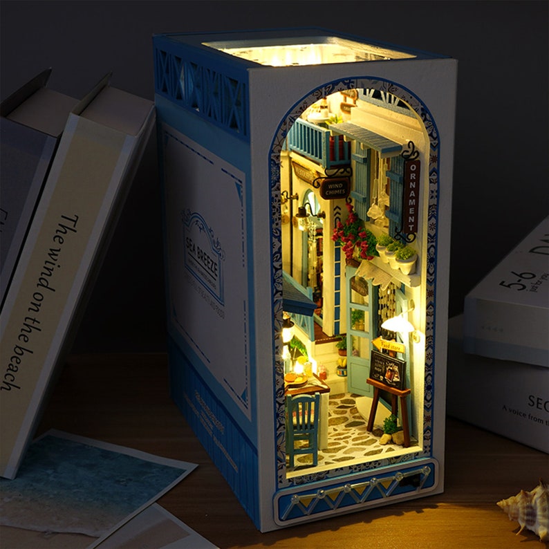 Diy Book Nook Kit, Sea Breeze Topic Miniature Architecture Wooden Dollhouse, Bookshelf Insert Booknooks With Led Gifts For Adults Kids image 2