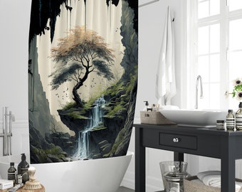 Rideau de douche peinture style paysage naturel, oeuvre d'art classique antique esthétique décor de rideau de bain paysage forestier naturel avec 12 crochets