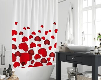 Red Romantic Hearts Shower Curtain, Heart Shape Confetti Bathroom Decors Curtains, Gift for Her Valentines Day Mother’s Day With 12 Hooks