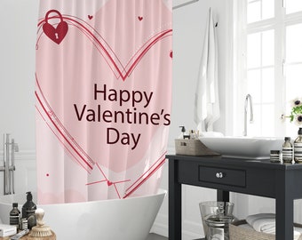 Happy Valentine's Day Heart Shape Lock Shower Curtains, Pink Background With Hearts Bathroom Decors Curtains Polyester Fabric With 12 Hooks