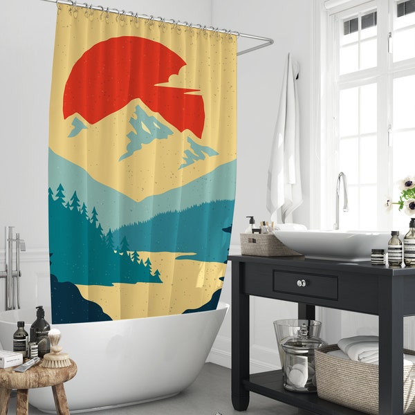 Vintage Boho Dusk Setting Sun Mountain Tree Shower Curtain, Retro Modern Aesthetic Landscape Polyester Bath Accessory Decor With 12 Hooks