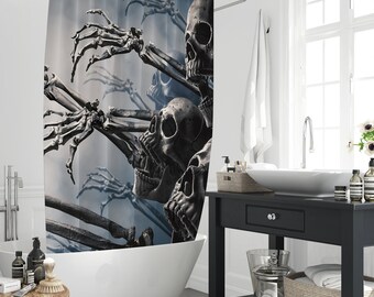 Gothic Scary Human Skull Shower Curtain, Halloween Holiday Skeleton Pattern Polyester Fabric Bathtub Decor Curtains With 12 Hooks Home Gift