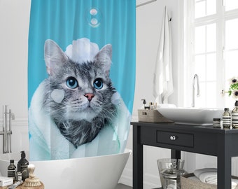 Cute Cat In BathTowel Bubbles Shower Curtain, Funny Cats Take A Shower Theme Polyester Bathroom Bathing Curtain Home Gift With 12 Hooks