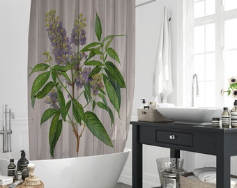 Purple Lavender Vintage Background Shower Curtain, Hand Drawn Florals Herbs Painting Polyester Bathtub Decor Curtain Home Gift With 12 Hooks