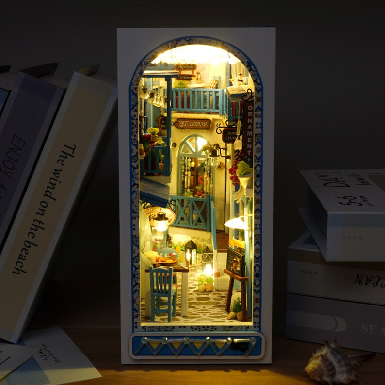Diy Book Nook Kit, Sea Breeze Topic Miniature Architecture Wooden Dollhouse, Bookshelf Insert Booknooks With Led Gifts For Adults Kids image 4