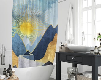 Boho Golden Sun Ray Mountains Shower Curtain, Sunlight Hillside Blue Background Vintage Design Bathroom Decor Set Curtain With 12 Hooks