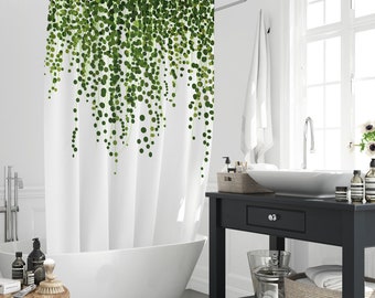 Duschvorhang mit grünen Blättern, minimalistischer botanischer Rebenpflanzen-Polyester-wasserfester Stoff-Badezimmervorhang-Dekor mit 12 Haken