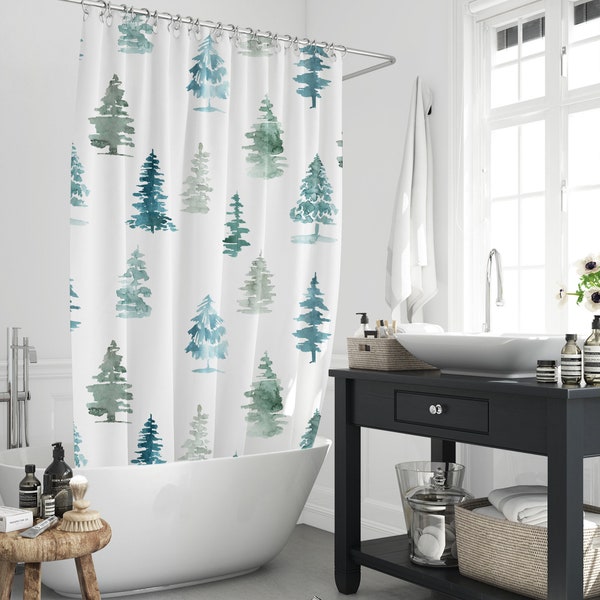 Green Blue Forest Trees Shower Curtain, Minimalist Style Plant Waterproof Polyester Fabric Bathtub Decor Curtain Partition With 12 Hooks