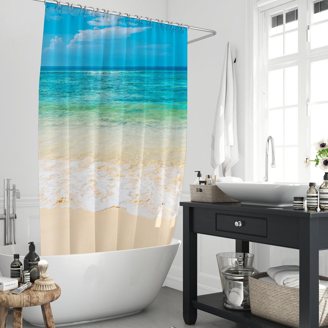Tropical Beach Ocean Theme Shower Curtain, Turquoise Sea Wave Hawaii ...