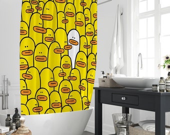 Lustiger süßer gelb-weißer Gummi-Enten-Duschvorhang, süßes Tier, modernes Kunstdesign, wasserdichter Polyester-Badevorhang mit 12 Haken
