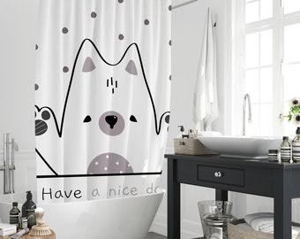 Funny Cute Bear Animal Shower Curtains, Have A Nice Day Modern Art Bathroom Waterproof Polyester Curtain, Minimalist Curtain With 12 Hooks