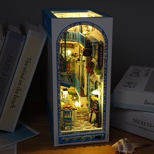 Diy Book Nook Kit, Sea Breeze Topic Miniature Architecture Wooden Dollhouse, Bookshelf Insert Booknooks With Led Gifts For Adults Kids image 3