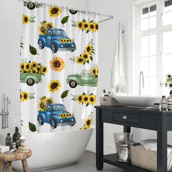 Sunflowers On Blue Green Rustic Truck Shower Curtain, Farmhouse Fresh Botanical Flower Floral Bathroom Partition Accessory Set With 12 Hooks