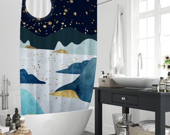 Rideau de douche Boho Bright Moon Mountains Ocean Star, décor de salle de bain paysage nocturne scintillant étoiles collines lac, ensemble de 12 crochets, cadeau pour la maison