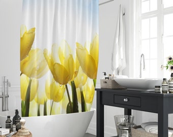 Minimalistischer gelber Tulpen-Duschvorhang, ästhetische Frühlingsblumen, Blumen, elegantes Kunstdesign, Badezimmervorhänge, Dekor-Set mit 12 Haken, Geschenk