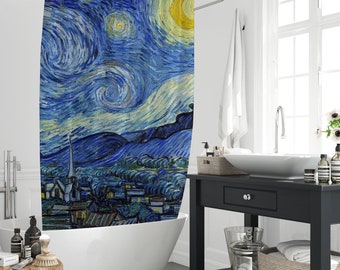 The Starry Night Van Gogh Oil Painting Shower Curtain, Abstract Post-impressionism Artwork Waterproof Polyester Bathtub Curtain With Hooks