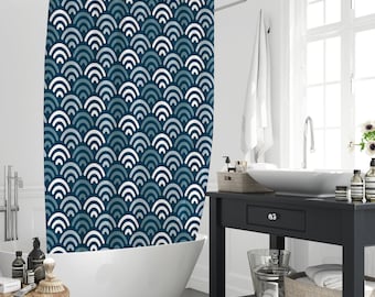 Rideau de douche à motif géométrique japonais vagues bleues, séparateur de rideau de salle de bain en polyester style écailles de poisson vintage avec 12 crochets