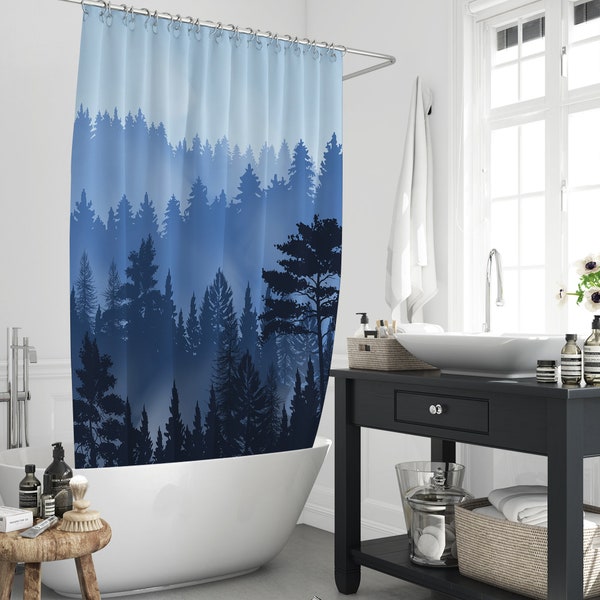 Blue Tone Forest Scenery Shower Curtain, Aesthetic Mountain Tree Landscape Bathing Divider Partition Decor Set Home Gift With 12 Hooks