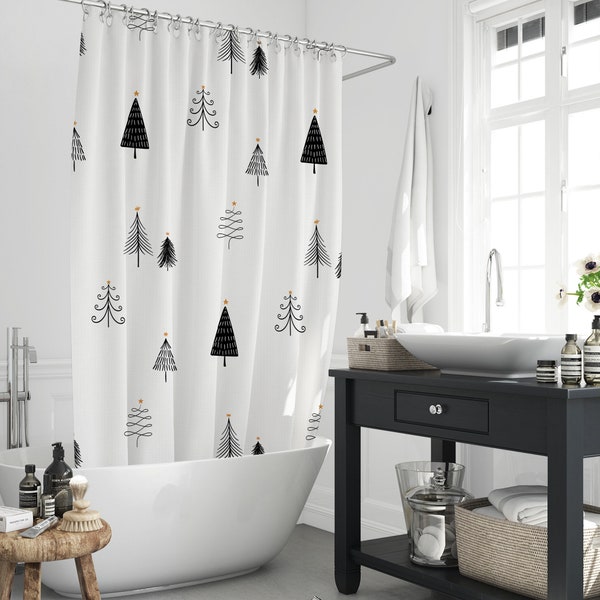 Black ＆ White Minimalist Trees Shower Curtain, Abstract Nordic Style Xmas Pine Cypress Tree Holiday Bathtub Curtain Decor Set With 12 Hooks