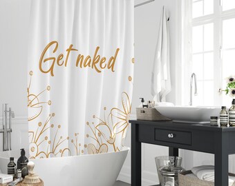 Rideau de douche à fond rétro avec citation drôle Get Naked, lettrage amusant avec décoration florale de rideau de séparation de bain de style moderne avec 12 crochets