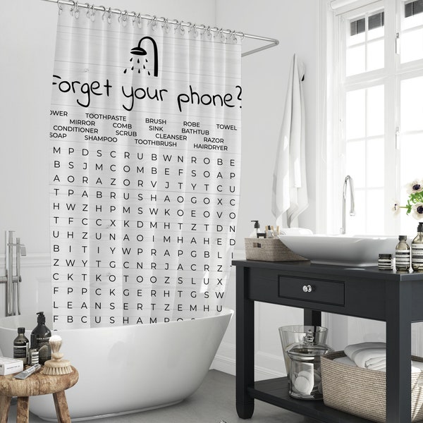 Forget Your Phone Funny Shower Curtain, Fun Word Search Game Polyester Waterproof Fabric Bathtub Decor Curtain Partition Set With 12 Hooks
