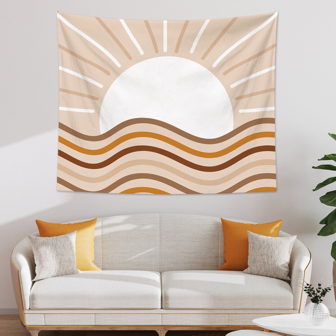 Boho Retro Dawn Dusk Sun Daylight Waves Tapestry, Aesthetic Rising Sun ...