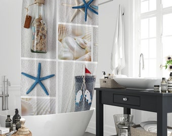 Rideau de douche phare nautique sur le thème de l'océan bleu, rideau en polyester imperméable de bain d'étoiles de mer de plage d'été avec 12 crochets, décoration d'intérieur