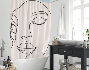 Rideau de douche bohème avec feuilles, visage de femme, portrait de femme moderne et abstrait, dessin au trait en polyester imperméable avec 12 crochets, cadeau pour la maison