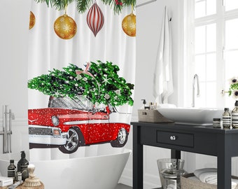 Joyeux Noël décorations d'arbre rideau de douche voiture rétro rouge, arbres de Noël d'hiver baignoire étanche salle de bain décor à la maison ensemble cadeau avec 12 crochets
