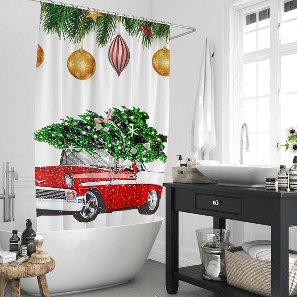 Merry Christmas Tree Decors Red Retro Car Shower Curtain, Winter Xmas Trees Waterproof Bathtub Bathroom Home Decor Set Gift With 12 Hooks