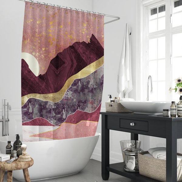 Boho Marble Setting Sun Moon Mountains Trees Shower Curtain, Vintage Retro Blush Background Bath Curtains Decors With 12 Hooks Home Gift Mom