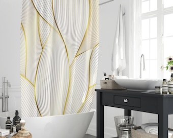 Semplicità Tenda da doccia con texture floreale con foglie dorate di lusso, Linea geometrica elegante Accessori da bagno per tende Decori con 12 ganci