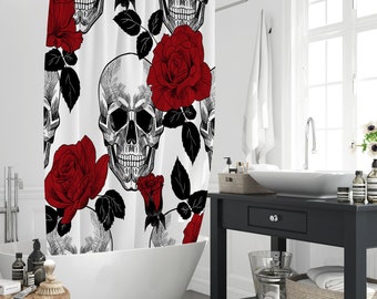 Gothic Skull Rose Flower Duschvorhang, Goth Scary Aesthetic Artwork Wasserdichter Polyester-Badewannenvorhang, Zubehör für Zuhause, Geschenk mit 12 Haken