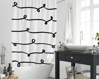 Rideau de douche minimaliste noir à rayures horizontales blanches, décoration de rideau de salle de bain abstraite spirales bouclées sans couture avec 12 crochets