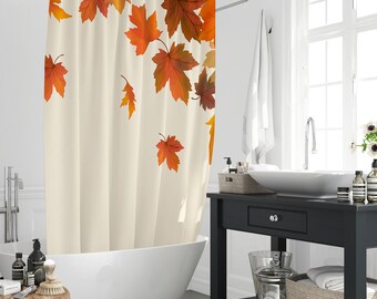 Autumn Cartoon Yellow Maple Pattern Shower Curtain, Falling Maples Plants Waterproof Bathroom Curtain Decor Set With 12 Hooks Home Gift Mom