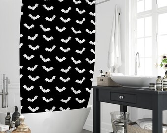 Schwarz Weiß Gothic Fledermäuse Duschvorhang, Gothic Halloween Urlaub Polyester Badewanne Vorhang Dekor Set Home Geschenk mit 12 Haken