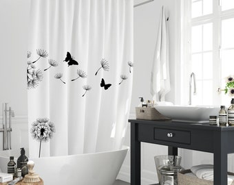 Rideau de douche fleurs de pissenlit et papillon fond blanc, décoration de salle de bain style simplicité florale fleurs sauvages avec 12 crochets cadeau pour la maison