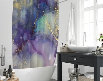 Tenda da doccia in marmo viola con polvere d'oro, decorazioni per tende da bagno con texture fluida di lusso astratta, pittura a olio, con 12 ganci regalo