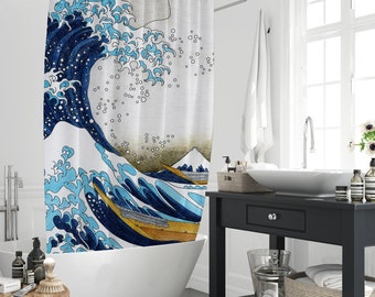 Grandi onde di tende da doccia Kanagawa, stile giapponese Ukiyoe onda marina sfondo bianco poliestere impermeabile per vasca da bagno con anelli