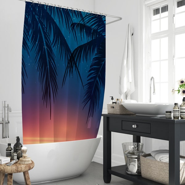 Sunset Seascape Palm Tree Shower Curtain, Night View Tropical Beach Scenery Bathtub Bathroom Decor Curtain Set Home Gift To Her With 12Hooks