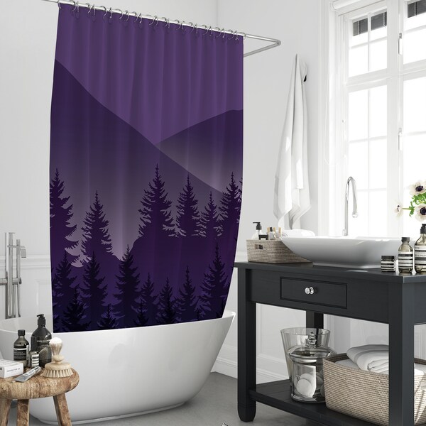 Purple Tone Dusk Mountain Tree Sketch Scenery Shower Curtain, Aesthetic Forest Landscape Bathtub Partition Curtain Decor Set With 12 Hooks