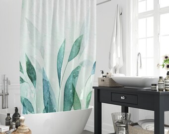 Simplicity Watercolor Green Leaves Plant Shower Curtain, Aesthetic Natural Botanical Plants Minimalist Bathroom Curtain Decor With 12 Hooks